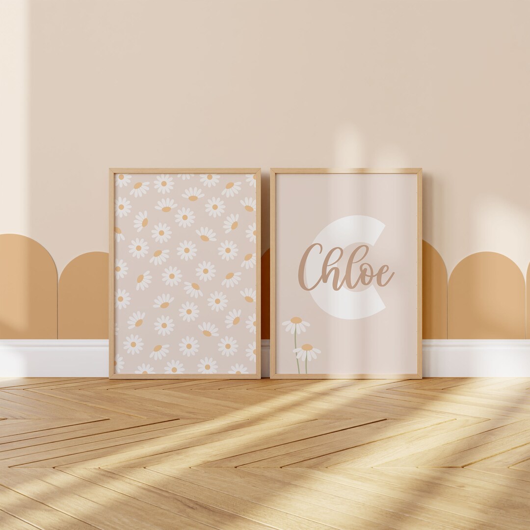 Daisy Nursery Prints Set: Custom Name, Beige Floral Wall Art (digital ...