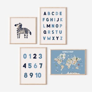 Lernposter, Kinder Weltkarte Tiere Druck, Alphabet und Zahl Poster, Kinderzimmer Wandkunst, Spielzimmer Kleinkind Zimmer digitaler Download