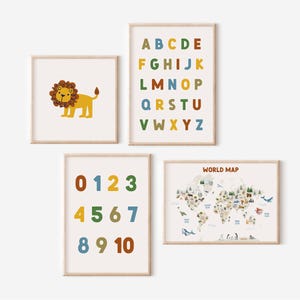 Lernposter, Kinder Weltkarte Tiere Druck, Alphabet und Zahl Poster, Kinderzimmer Wandkunst, Spielzimmer Kleinkind Zimmer digitaler Download