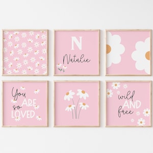 Madeliefjeskamerdecoratie: set van 6 roze bloemenprints (digitale download)