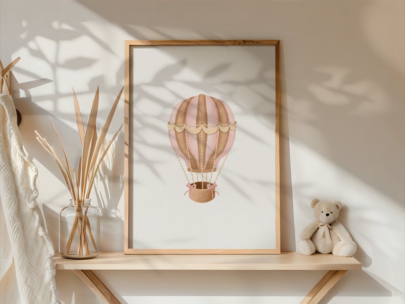Pink Hot Air Balloon Nursery Print, Vintage Nursery Wall Art