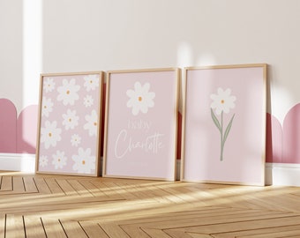 Set of 3 prints | Custom wall art, Daisy print, Boho nursery prints, Baby girl nursery, Girls room decor, Flower print, Printable wall art