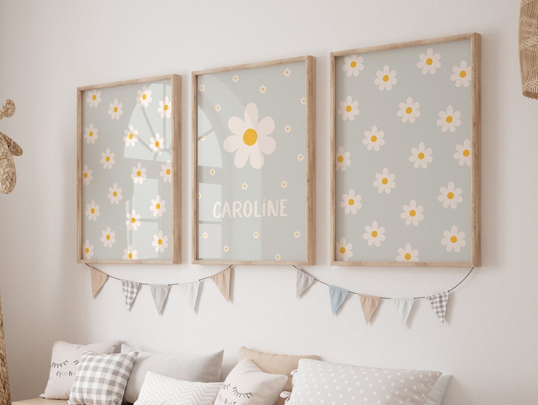 Sage Green Daisy Nursery Prints: Custom Name Floral Wall Art (digital ...