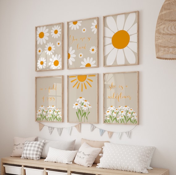 Set of 6 Tan Daisy Wall Print, Daisy Nursery Decor, Baby Registry Idea,  Nursery Gallery Wall, Girl Bedroom Wall Art, Beige Daisy Wall Print 