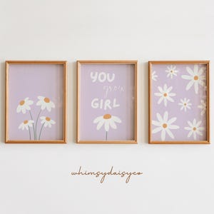 Set of 3 Lilac Daisy Wall Art, Purple Nursery Decor, Purple Daisy Baby Shower, Daisies Printable, Floral Nursery Prints