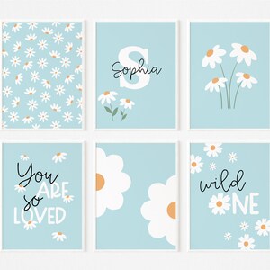 Set of 6 Nursery Prints, Custom Name Nursery, Daisy Wall Art, Pink ...