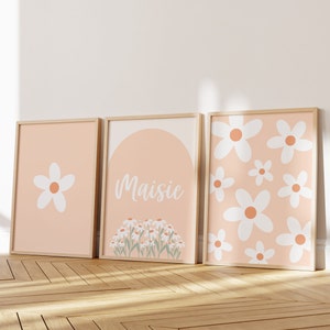 Juego de 3 impresiones de pared para guardería con nombre, lámina de margaritas, lámina de niña peluda de melocotón, láminas de pared naranjas, lámina de flores con nombre personalizado de 11 x 14