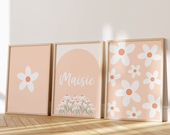 Set of 3 nursery wall art with a name, Daisy nursery print, Peach fuzz girl nursery art, Orange wall prints, Custom name flower print 11x14