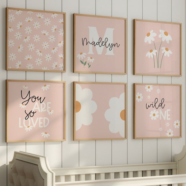 Set of 6 nursery prints, Custom name nursery, Daisy wall art, Pink nursery decor, Sage daisy nursery wall art, neutral baby girl room prints