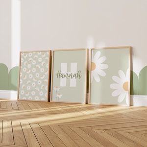 Ensemble d&#39;impressions de chambre de bébé marguerite : nom personnalisé, floral vert sauge (téléchargement numérique)