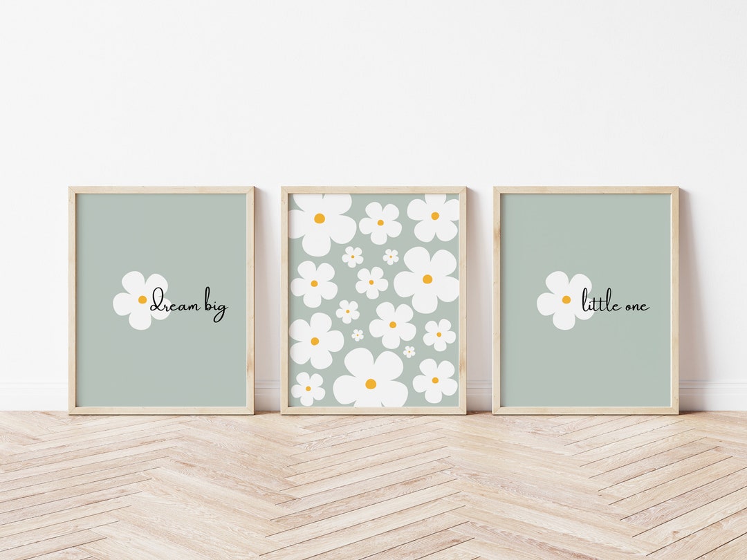 Sage Green Daisy Nursery Prints: Boho Floral Wall Art (set of 3 ...