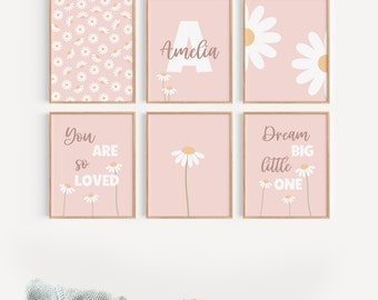 Daisy wall art | Custom name nursery set, Boho nursery decor, Pink nursery wall art, Baby girl nursery art, Girls room decor Printable daisy