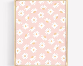 Impression de chambre de bébé marguerite rose : décoration de chambre florale bohème pour fille (téléchargement numérique)
