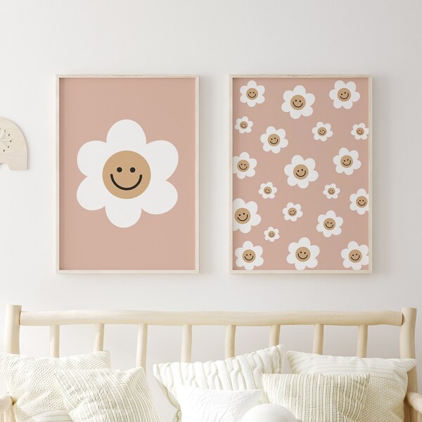 Pink Smiley Daisy Prints, Boho Daisy Nursery Decor, Girl Bedroom Prints, Nursery Neutral Wall Art, Minimalist Bedroom Ideas, Baby Registry