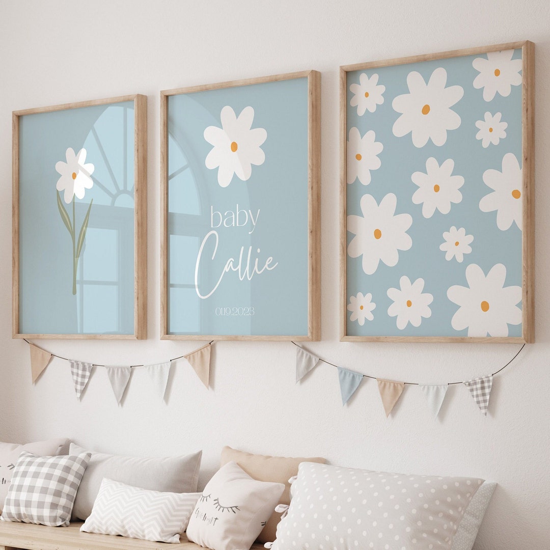 Daisy Nursery Prints Set: Custom Name, Blue Floral Wall Art (digital ...