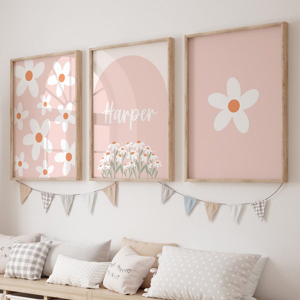 Custom set of 3 pink daisy nursery prints, Blush pink baby girl nursery art, Boho nursery decor, Personalized name flower wall art gallery