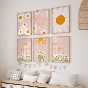Set Of 6 Pink Daisy Wall Print, Daisy Nursery Decor, Baby Registry Idea, Nursery Gallery Wall, Girl Bedroom Wall art, Boho Daisy Wall Print