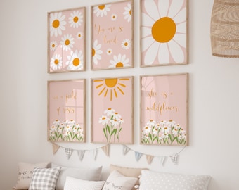 Pink Daisy Nursery Wall Art Prints: Set of 6 (Digital Download)