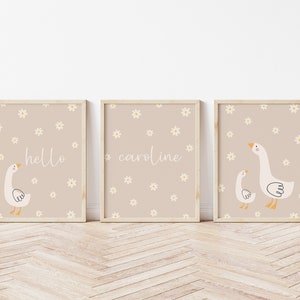 Personalized Goose Nursery Prints: Beige Floral Decor (Digital Download)