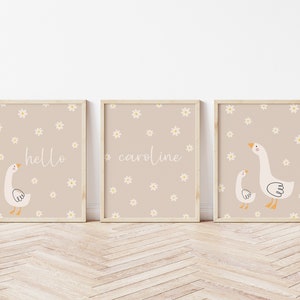 Set of 3 personalized nursery name prints, Hello goose nursery print, Beige nursery decor, Playroom wall art, Silly goose poster printable