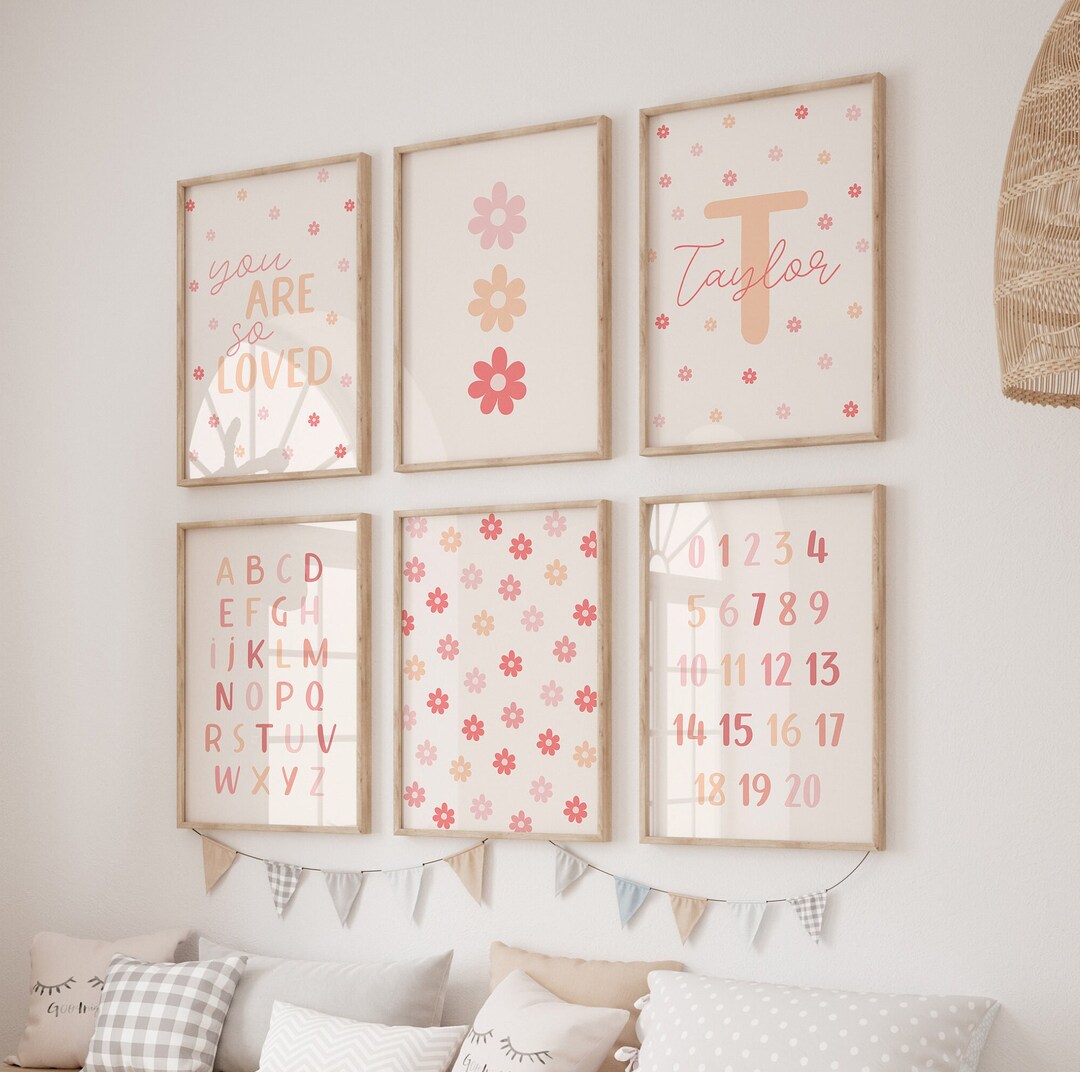 Set of 6 Nursery Prints, Custom Name Nursery, Daisy Wall Art, Pink ...