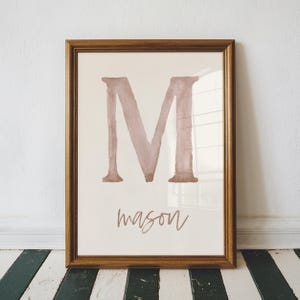 Impresión de nombre de guardería, letrero inicial personalizado, arte de pared de guardería con acuarela marrón, arte de pared imprimible para bebé niño, letrero con nombre de bebé para guardería