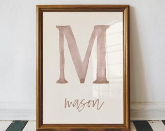 Nursery Name Print, Personalized Initial Sign, Brown Watercolor Nursery Wall Art, Printable Baby Boy Wall Art, Baby Name Sign For Nursery