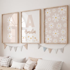 Juego de 3 piezas de decoración para habitación infantil con margaritas: nombre personalizado y estampados de flores beige (descarga digital)