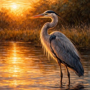 May include: A framed art print of a great blue heron standing in water, with a sunset in the background. The heron is gray and white with a long neck and beak. The water reflects the golden light of the setting sun.