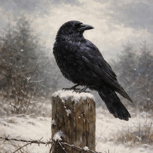 American Crow Art Print, Bird, Crow Painting, Home Decor, Nature, Fence,  Black, Sentinel, Barbed Wire