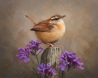May include: An oil painting of a small brown wren with a white eyebrow stripe perched on a weathered wooden fence post. The bird is surrounded by clusters of vibrant purple flowers against a soft, muted brown and gray textured background.