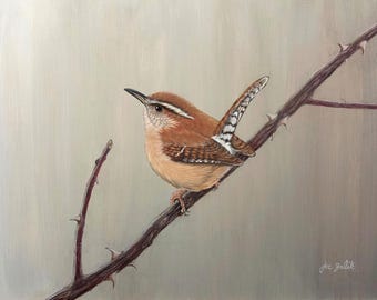Carolina Wren Art Print, Original Bird Painting, Multiflora Rose Garden Wall Art