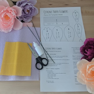 May include: A craft kit for making paper peonies. The kit includes a template sheet, crepe paper in various colors, floral wire, scissors, and glue. The image also shows finished paper flowers in shades of pink, purple, and peach.