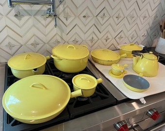 Rare Vintage Descoware set of pots and pans, melted butter pot, tea kettle, etc.  Made in Belgium.