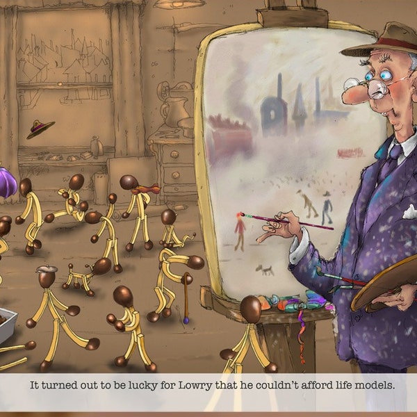 Une douce salutation humoristique ou carte de note, montrant l’artiste L. S. Lowry. Il est dit que ses nombreuses personnes dans une scène ressemblent à des allumettes.