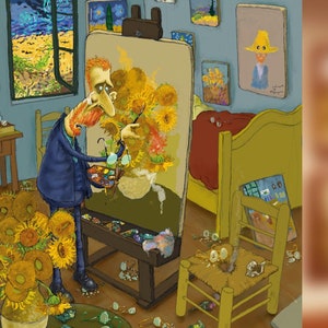 Pintado al estilo de Vincent Van Gogh. Una suave tarjeta humorística y colorida para un amante del arte