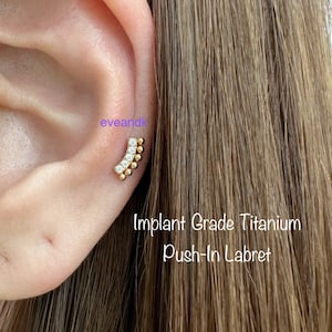 20g 18g 16g  CZ Curved with tiny balls Push In Titanium Labret, ASTM-F136 Implant Grade Titanium Helix Cartilage Conch