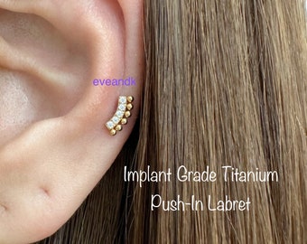 20g 18g 16g  CZ Curved with tiny balls Push In Titanium Labret, ASTM-F136 Implant Grade Titanium Helix Cartilage Conch