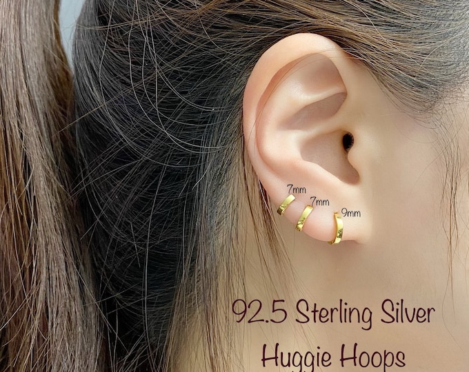 Tiny Flat Huggie Hoop Earring (Single or Pair) Flat Gold Hoop, 14k gold plated Sterling Silver Hoop, Helix, Rook, Tragus, Cartilage