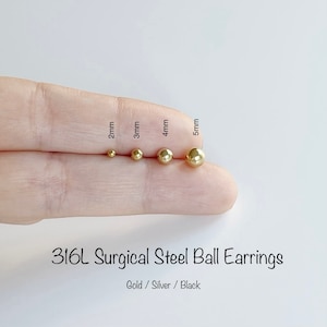 Tiny ball earrings, 2mm/3mm/4mm/5mm 316L Surgical Steel gold/silver/black ball earrings, Minimalist earrings