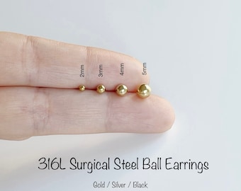 Tiny Surgical Steel Ball Earrings: Gold, Silver, Black (2mm-5mm)