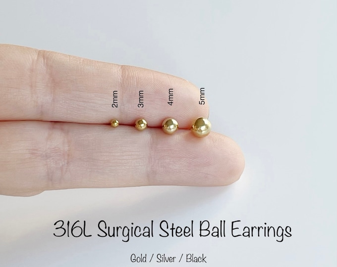 Tiny ball earrings, 2mm/3mm/4mm/5mm 316L Surgical Steel gold/silver/black ball earrings, Minimalist earrings