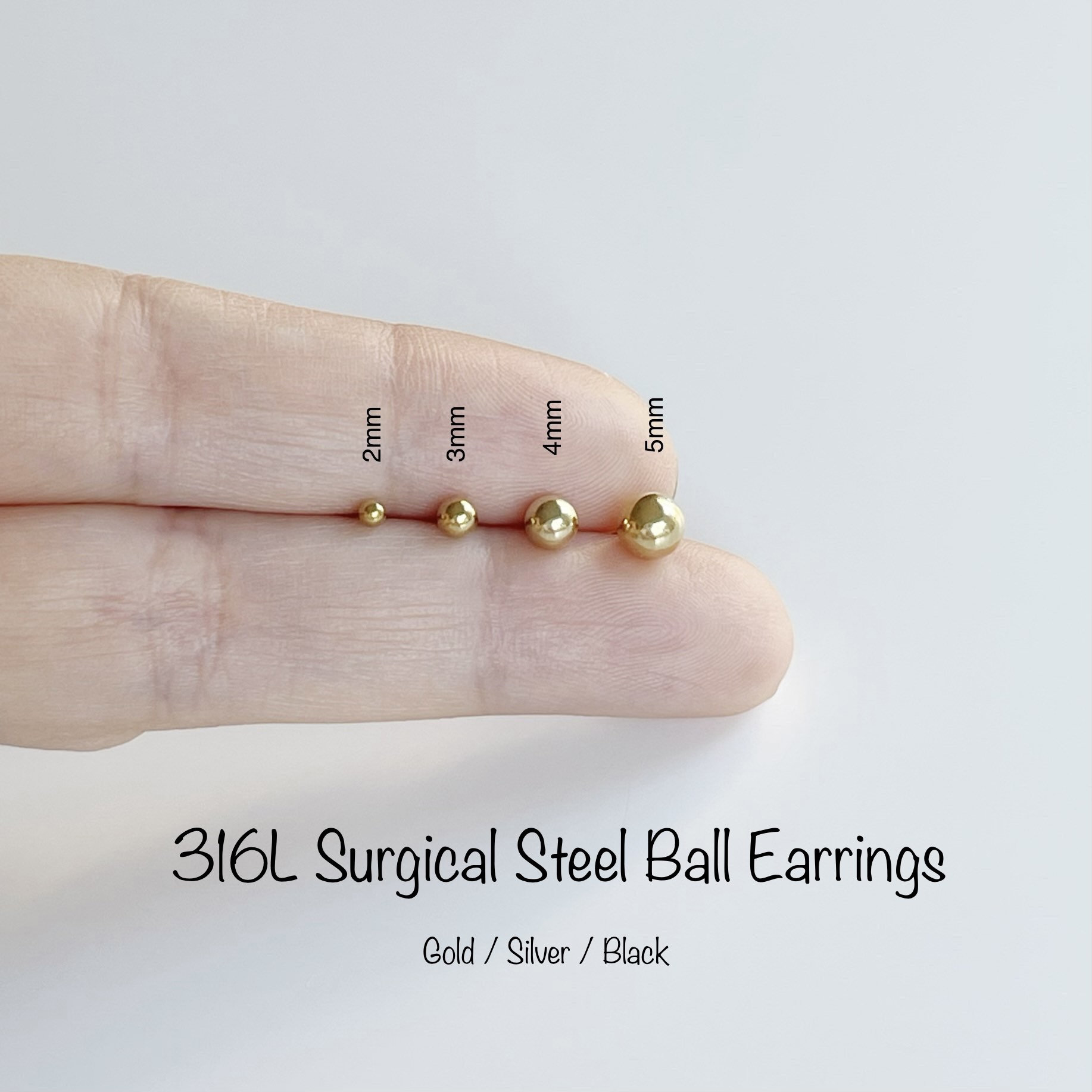 Tiny Ball Earrings 2mm 3mm 4mm 5mm 316L Surgical Steel Gold