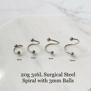 20g - 316L Surgical Steel Spiral piercing (Single), Silver  6mm 8mm 10mm 12mm Cartilage, Eyebrow, Rook, Helix, Rook piercing