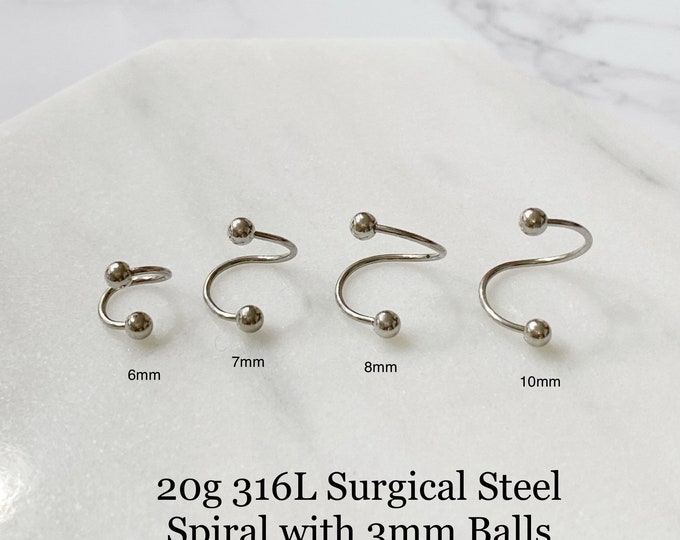 20g - 316L Surgical Steel Spiral piercing (Single), Silver  6mm 8mm 10mm 12mm Cartilage, Eyebrow, Rook, Helix, Rook piercing