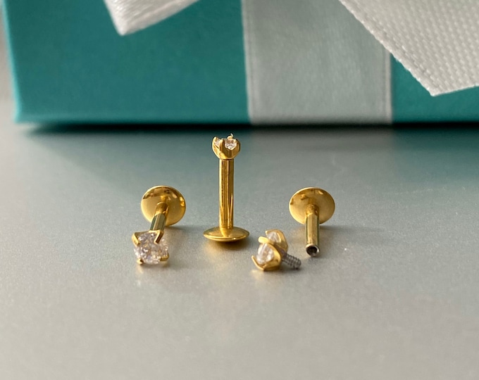 16G 2mm/3mm Gold Labret piercing 2mm/3mm Internally Threaded Labret/Monroe with Clear CZ, 16GA Tragus Cartilage Helix Lip Nose