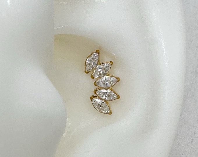 20g 18g 16g Crown CZ Tiara Push In Titanium Labret, 5 Marquise CZ Top Implant Grade Titanium Nickel Free Hypoallergenic
