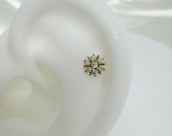 20g 18g 16g Flower CZ Push In Threadless Titanium Labret, Implant Grade Titanium for Tragus, Conch, Cartilage, Helix piercing