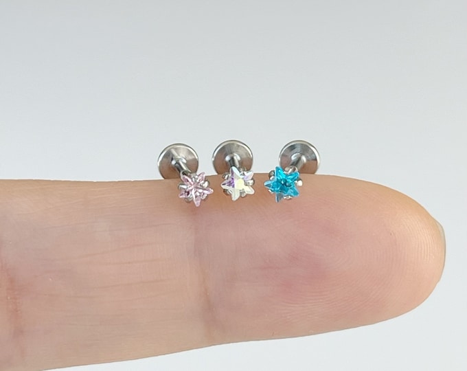 16g CZ Star Piercing Internally Threaded Labret 316L Surgical Steel, Tiny CZ 3mm Star Piercing, Cartilage Helix Nose Tragus