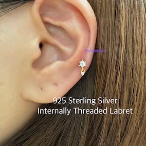 18g Tiny CZ Dangle Internally Threaded Labret, 925 Sterling Silver Cartilage, Tragus, Helix piercing